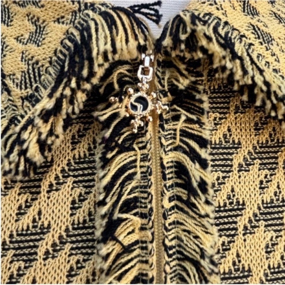 St John Houndstooth Jacket Vintage Fringe Knit Archival Logo Yellow Black Size 8 - Picture 5 of 14